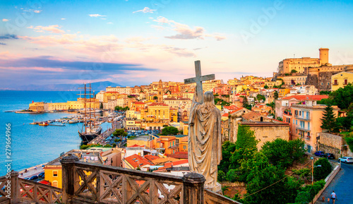 Panoramic view of Gaeta from Monte Orlando, Lazio, Italy. Cityscape of Gaeta town and statue of Saint Francesco. Architecture and landmark of Gaeta, Italy. Famous places of Gaeta and Italy photo