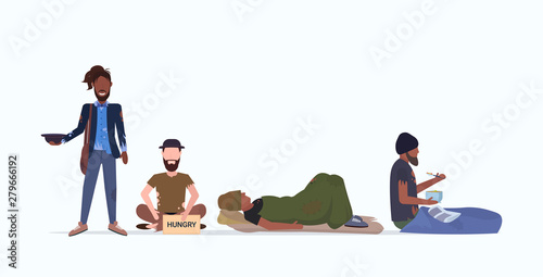 tramps poor homeless characters needing money beggars group begging for help unemployment homeless jobless concept flat full length horizontal