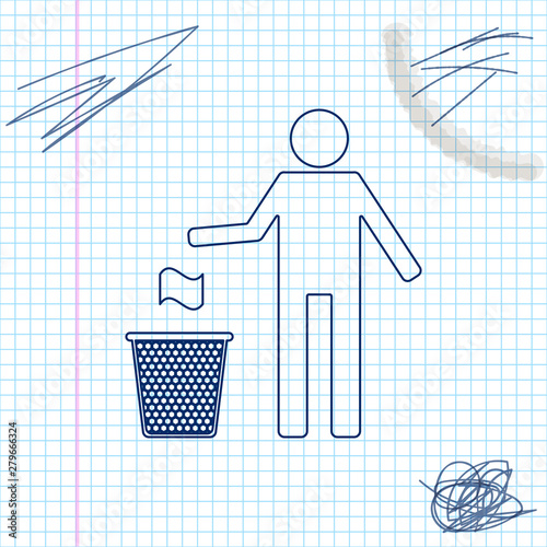 Man throwing trash into dust bin line sketch icon isolated on white background. Recycle symbol. Trash can sign. Vector Illustration