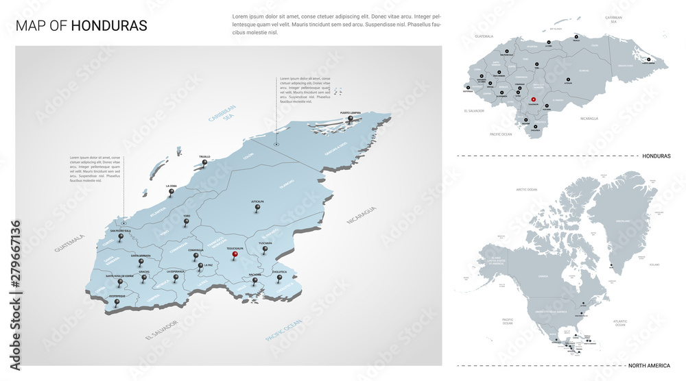 Vector set of Honduras country.  Isometric 3d map, Honduras map, North America map - with region, state names and city names.