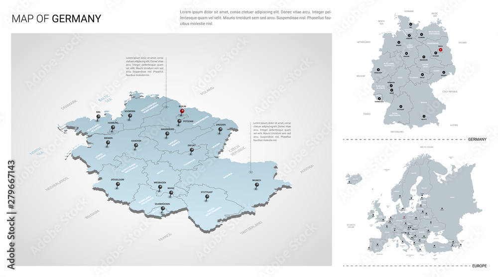 Vector set of Germany country.  Isometric 3d map, Germany map, Europe map - with region, state names and city names.