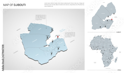 Vector set of Djibouti country. Isometric 3d map, Djibouti map, Africa map - with region, state names and city names.