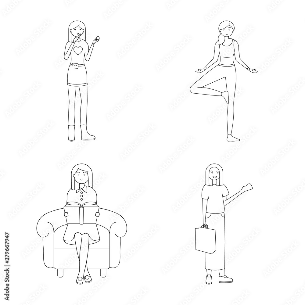 Isolated object of posture and mood symbol. Collection of posture and female stock vector illustration. Isolated object of posture and mood symbol. Collection of posture and female stock vector illustration.