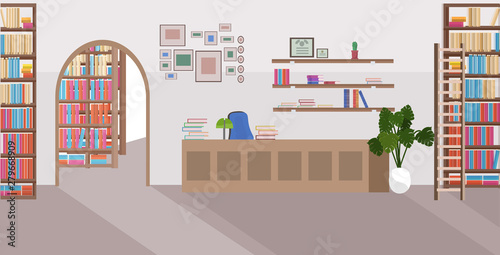 modern library interior empty no people bookstore with bookshelves and reception desk flat horizontal