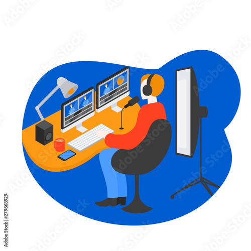 Video editor. Man creates media content. Movie editing and sound production. Filmmaker and videographer. Cyber sport Gamer in headphones playing online game and livestreaming. Player recording stream