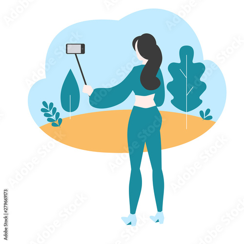 Cartoon internet blogger recording media content using selfie stick. Influencer filming video blog. Girl takes photography on her smartphone