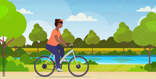fat obese woman riding bike african american overweight girl cycling bicycle workout weight loss concept summer park landscape background flat full length horizontal vector illustration