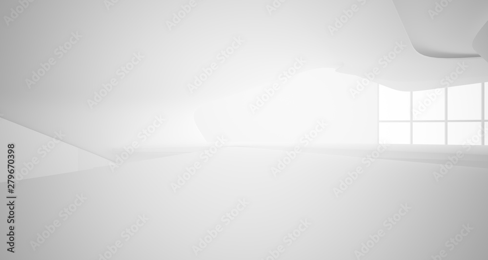 Abstract architectural white smooth interior of a minimalist house with large windows.. 3D illustration and rendering. Abstract architectural white smooth interior of a minimalist house with large windows.. 3D illustration and rendering.