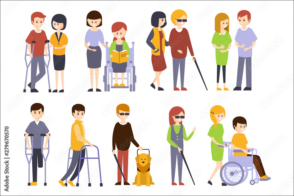 Physically Handicapped People Receiving Help And Support From Their Friends Family, Enjoying Full Life With Disability Set Of Illustrations Smiling Disabled Men Women