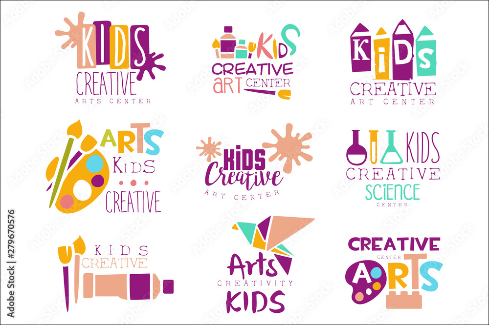 Kids Creative Class Template Promotional Logo Set With Symbols Of Art and Creativity, Painting Origami