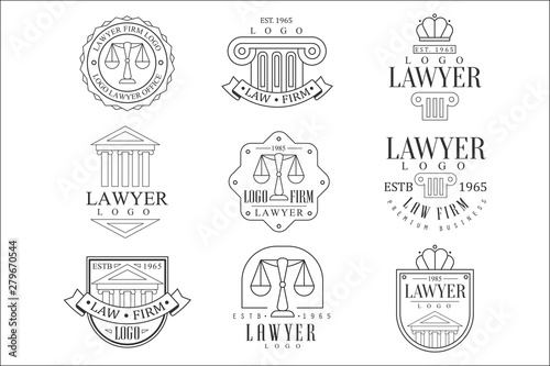 Law Firm And Lawyer Office Logo Templates With Classic Ionic Pillars, Pediments Balance Silhouettes