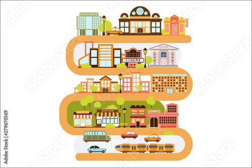 Fototapeta Naklejka Na Ścianę i Meble -  City Infrastructure And All The Urban Buildings Lined With The Curved Orange Line In Graphic Vector Illustration.