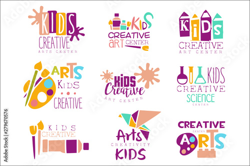 Kids Creative Class Template Promotional Logo Set With Symbols Of Art and Creativity, Painting Origami