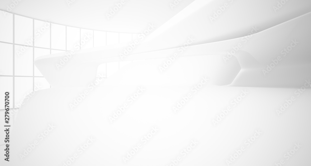 Abstract architectural white smooth interior of a minimalist house with large windows.. 3D illustration and rendering. Abstract architectural white smooth interior of a minimalist house with large windows.. 3D illustration and rendering.