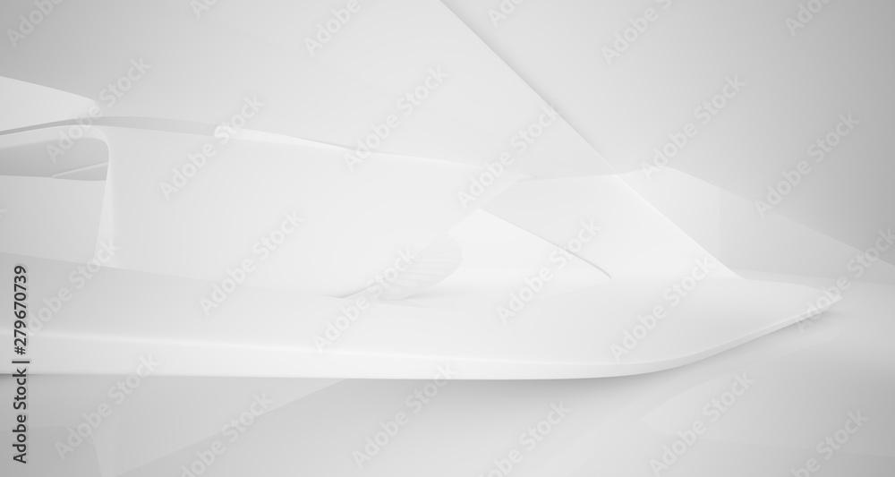 Abstract architectural white smooth interior of a minimalist house with large windows.. 3D illustration and rendering.