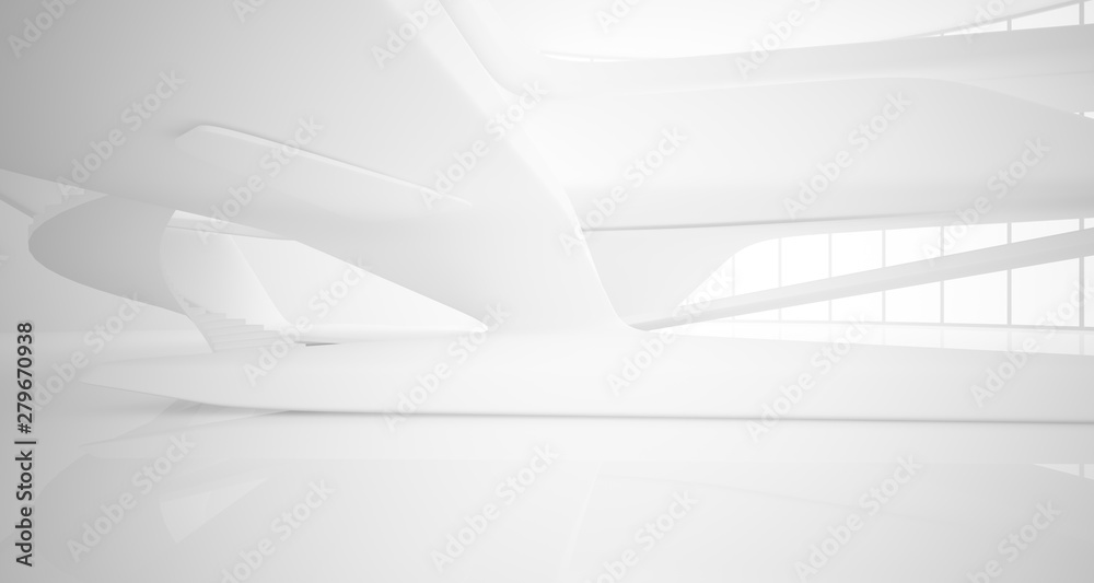 Abstract architectural white smooth interior of a minimalist house with large windows.. 3D illustration and rendering. - obrazy, fototapety, plakaty 