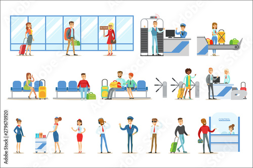 People In The Airport Interior, Passing Security Procedures, Waiting For The Flight And Arriving To Destination