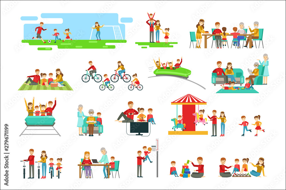 Happy Family Having Good Time Together Set Of Illustrations