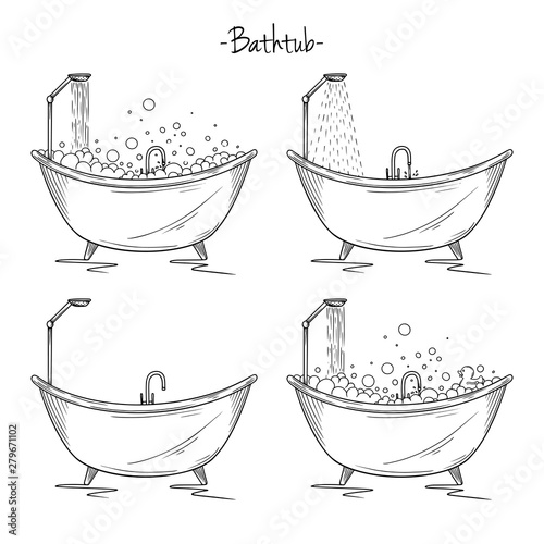 Set of different baths with foam, shower, duck. Sketch style vector illustration