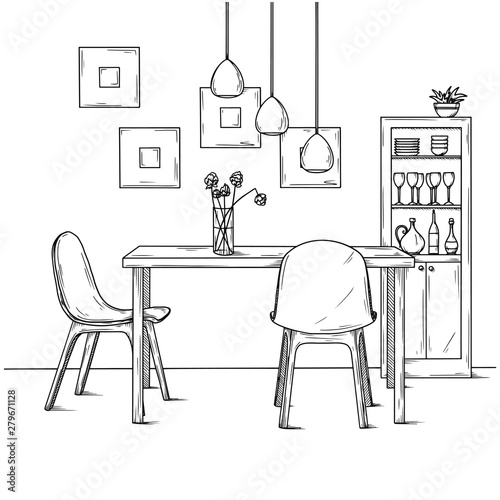 Part of the dining room. On the table vase of flowers. Lamps hang over the table. Hand drawn sketch.Vector