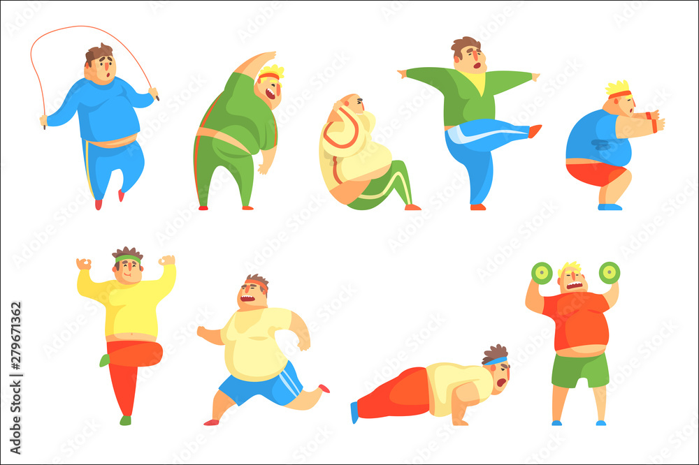 Funny Chubby Man Character Doing Gym Workout Set Of Illustrations