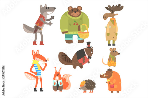 Forest Animals Dressed In Human Clothes Set Of Illustrations