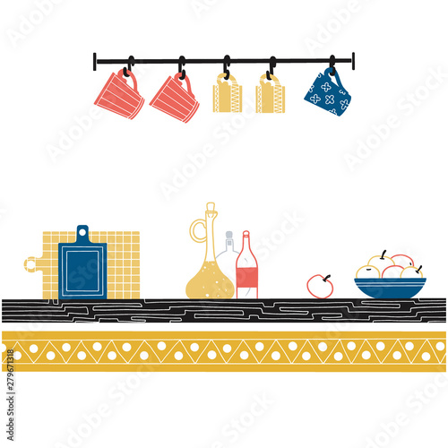 Sketch of shelves with different utensils. Vector