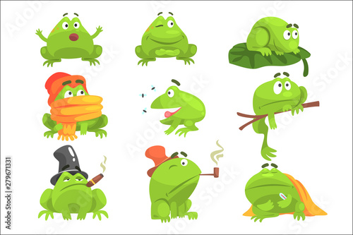 Green Frog Funny Character Set Of Different Activities