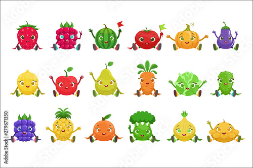 Fruit And Berries Cute Girly Characters Sitting And Waving