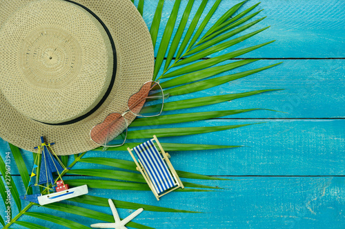 Photography Table top view accessory of clothing women & men  plan to travel in summer holiday background concept