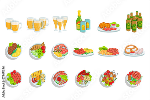 Oktoberfest Grill Set Of Food Plates Illustrations From Above
