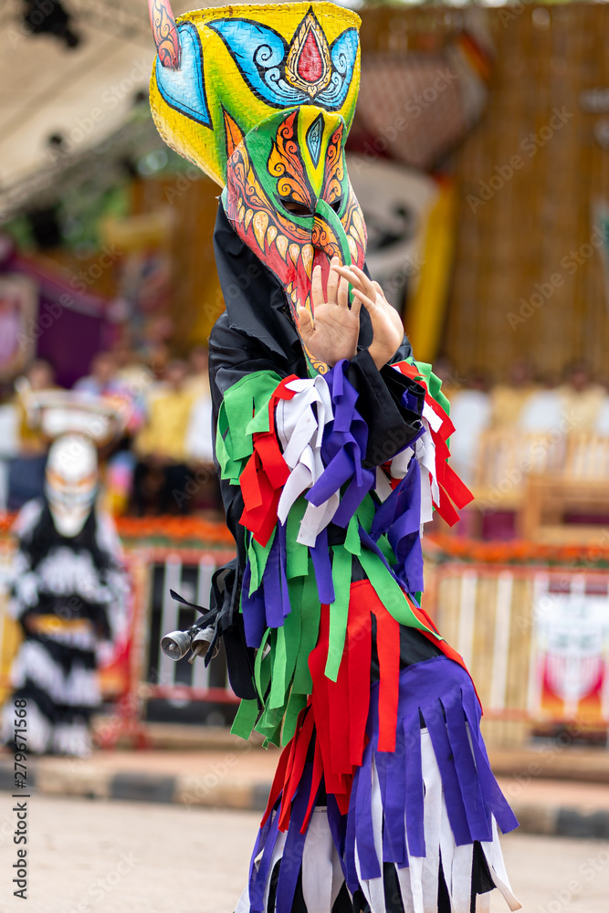 LOEI, THAILAND - JULY 6, 2019 :  Phi Ta Khon Festival on JULY in Loei, Thailand. Young people dress in spirit and wear a mask, Ghost Festival in Dan Sai vilage, LOEI in Thailand ..