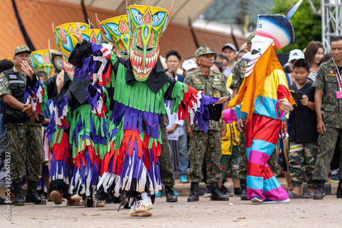 LOEI, THAILAND - JULY 6, 2019 : Phi Ta Khon Festival on JULY in Loei, Thailand. Young people dress in spirit and wear a mask, Ghost Festival in Dan Sai vilage, LOEI in Thailand ..