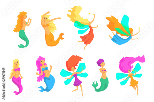 Mermaids And Fairies Fairy-Tale Fantastic Creatures With Wings Fish Tail Set Of Colorful Cartoon Characters