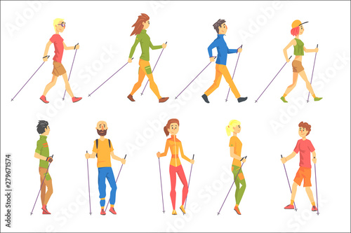 People Doing Nordic Walk Outdoors Set Of Illustrations