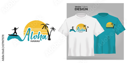 Vector Unisex t-shirt mock up set. 3d realistic shirt template Aloha Hawaii quote with surfing men on ocean blue waves and yellow sun on white background. Blue and white tee mockup hawaii design
