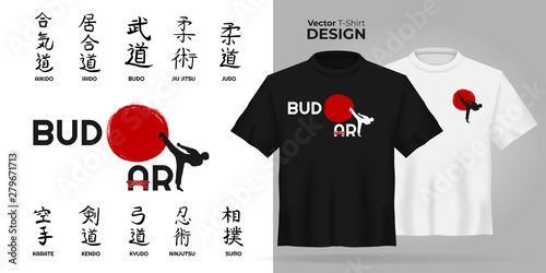 Unisex t-shirt mock up set with japanese hierogliph - karate, judo, aikido, sumo, kendo. 3d realistic shirt template. Black and white tee mockup, front view design japan martial art print. - Vector