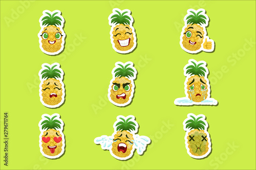 Pineapple Cute Emoji Stickers Set On Green Background