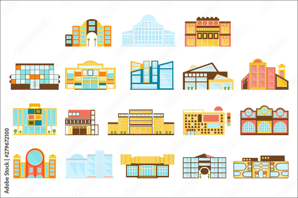 Shopping Mall, Department Store And Supermarket Shops Architecture Ideas Set