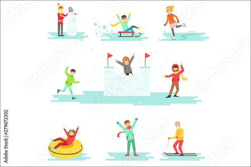People Having Fun In Snow In Winter Set Of Illustrations
