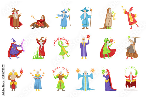Classic Fantasy Wizards Set Of Characters. Fairy Tale Mages Colorful Fun Vector Drawings On White Background