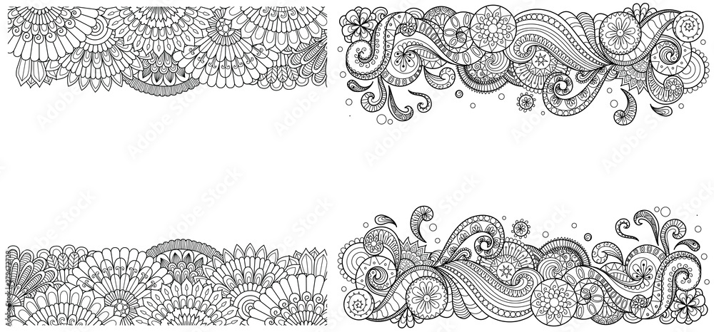 Beautiful mandala wave frames set for print on product or adult coloring book, coloring page. Vector illustration