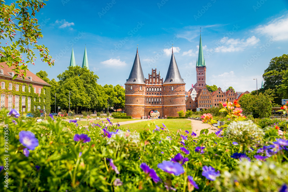 Historic town of Lübeck with famous Holstentor gate in summer, Schleswig-Holstein, northern Germany