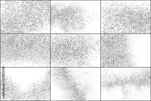 Set of Black Grainy Texture Isolated on White Background. Dust Overlay Textured. Dark Rough Noise Particles. Chaotic Explosion. Vector Design Elements, Illustration, EPS 10.