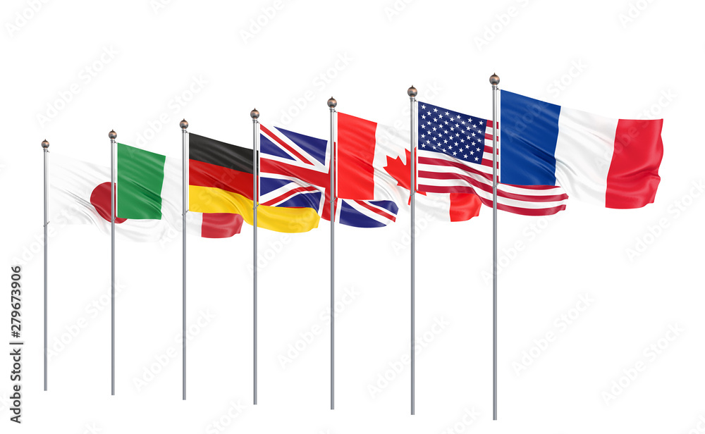G7 flags Silk waving flags of countries of Group of Seven Canada, Germany, Italy, France, Japan, USA states, United Kingdom 2019. Big Seven. Isolated on white. 3D illustration.