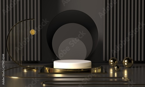 3D rendering black podium geometry with gold elements. Abstract geometric shape blank podium. Minimal scene square step floor abstract composition