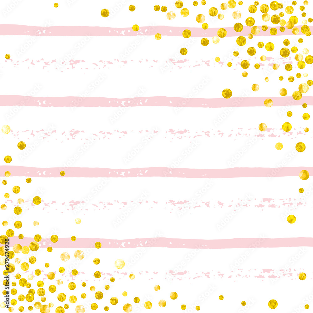 Wedding glitter confetti with dots on pink stripes. Shiny random sequins with metallic sparkles. Template with gold wedding glitter for greeting card, bridal shower and save the date invite. Wedding glitter confetti with dots on pink stripes. Shiny random sequins with metallic sparkles. Template with gold wedding glitter for greeting card, bridal shower and save the date invite.