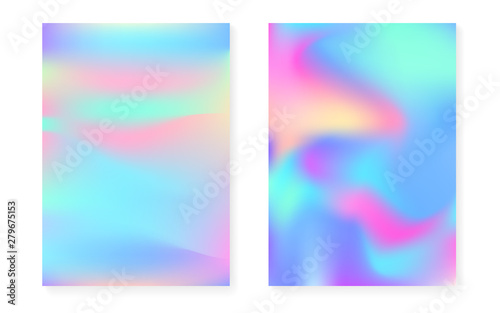 Holographic gradient background set with hologram cover. 90s, 80s retro style. Iridescent graphic template for flyer, poster, banner, mobile app. Neon minimal holographic gradient.