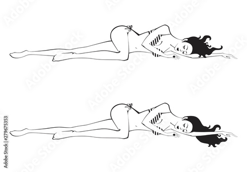 Set Girl with flowing hair in a striped bikini lies. Vector Image