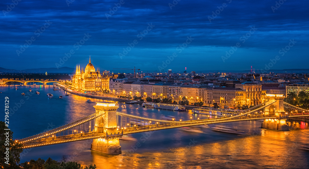 Panorama of Budapest at night. Hungarian landmarks.